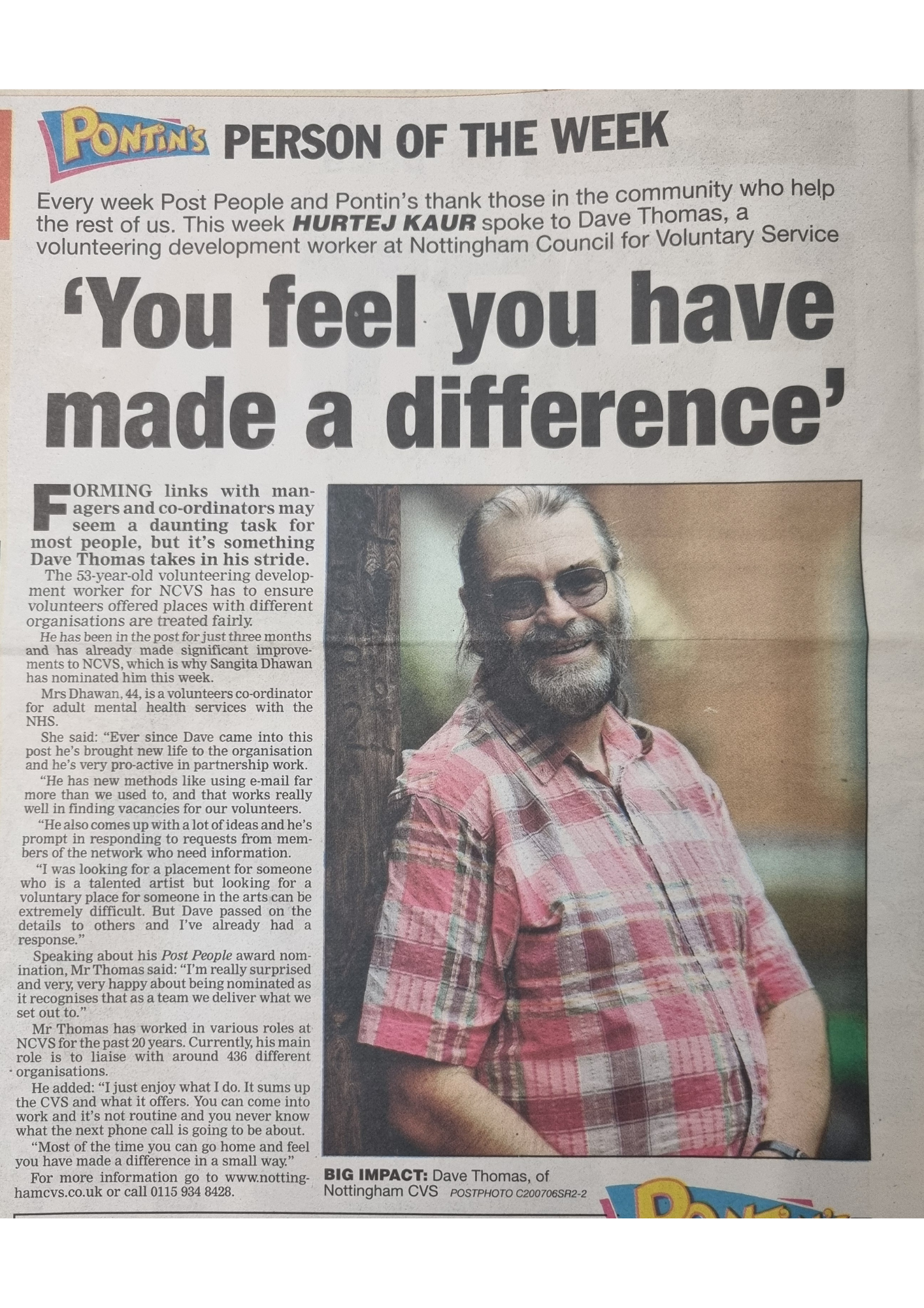 Dave Thomas nomination for Pontins Person of the Year article from 2006