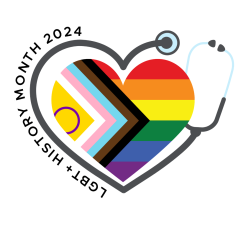 LGBT+ History Month 2024 logo. Around the heart is a stethoscope, representing this month's theme.
