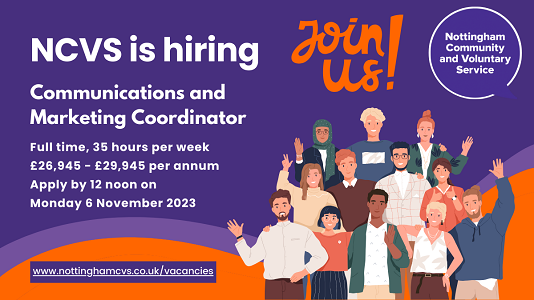 NCVS is hiring: Communications and Marketing Coordinator. Drawing of a diverse group of people who are waving underneath the words 'Join us!'