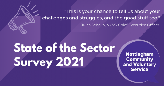 State of the Sector survey 2021 - "This is your chance to tell us about your challenges and struggles, and the good stuff too" (quote from Jules Sebelin, NCVS Chief Executive Officer)