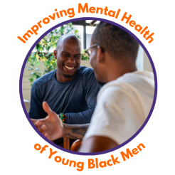 Picture of two men talking and smiling, the title is written circling the image